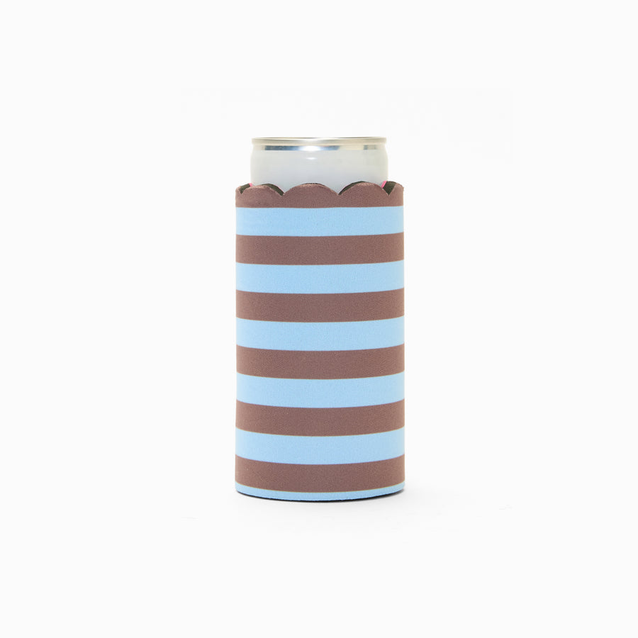 Blue and chocolate stripe print can sleeve with scalloped edge, holding a can