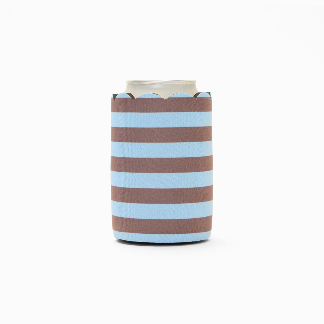 Blue and chocolate stripe print can sleeve with scalloped edge, holding a can