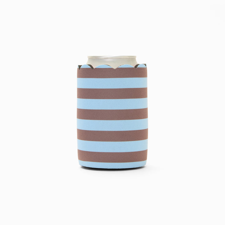 Blue and chocolate stripe print can sleeve with scalloped edge, holding a can