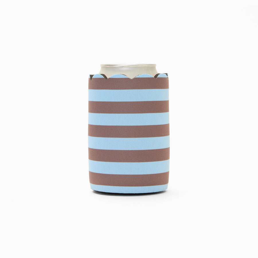 Blue and chocolate stripe print can sleeve with scalloped edge, holding a can