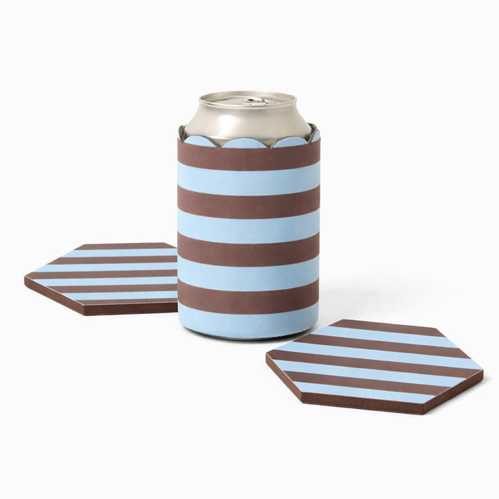 Blue and chocolate stripe print can sleeve with beverage can and two matching hexagonal coasters
