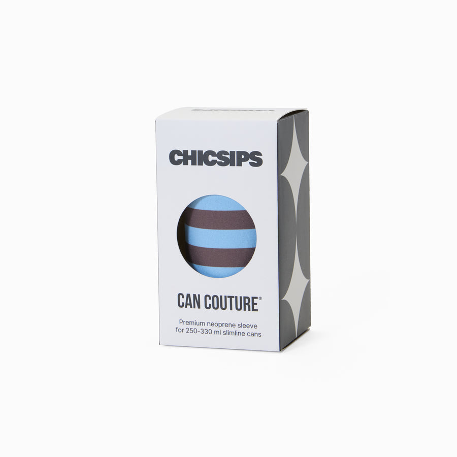 Can Couture packaging box with circular window showing blue and chocolate stripe print neoprene can sleeve