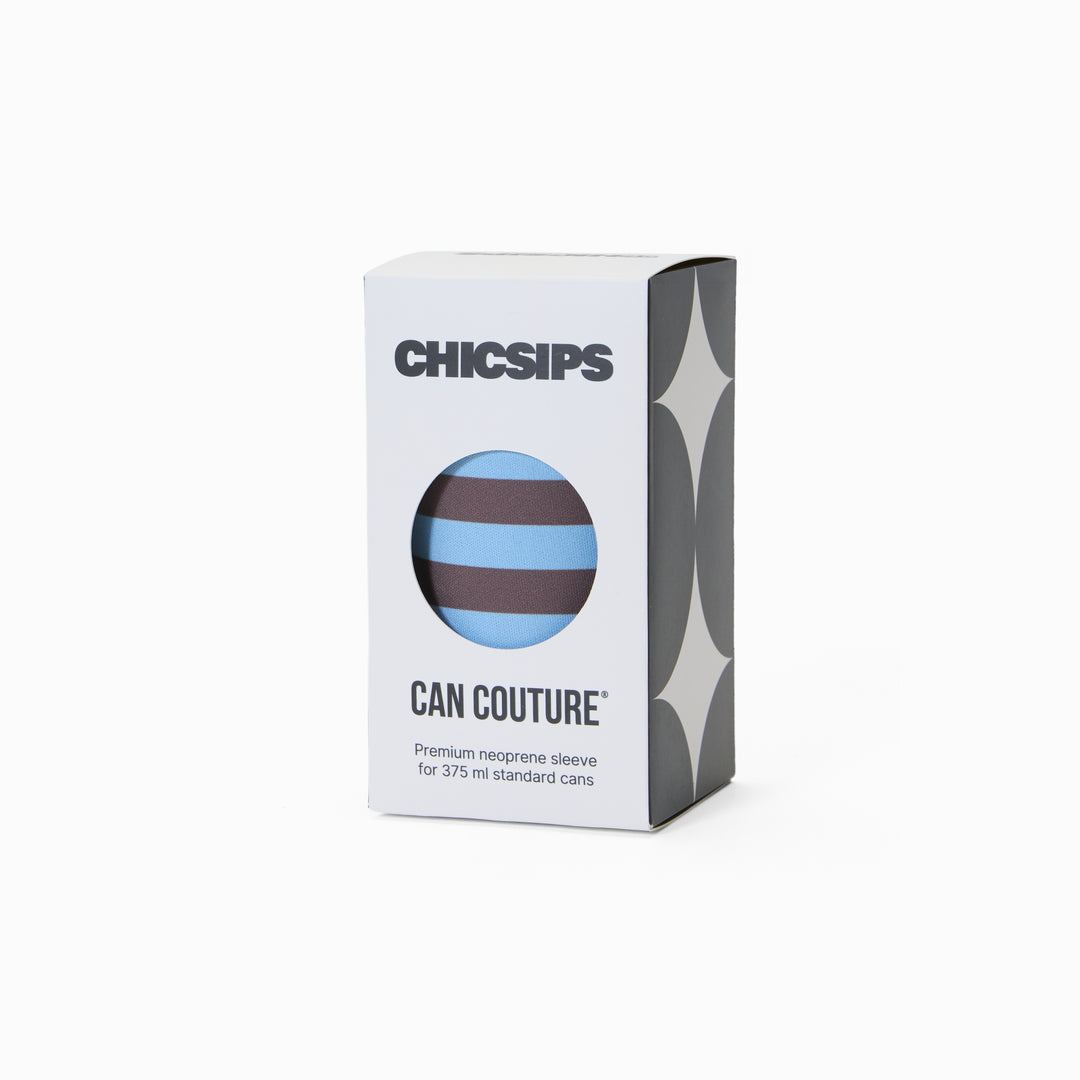 Can Couture packaging box with circular window showing blue and chocolate stripe print neoprene can sleeve