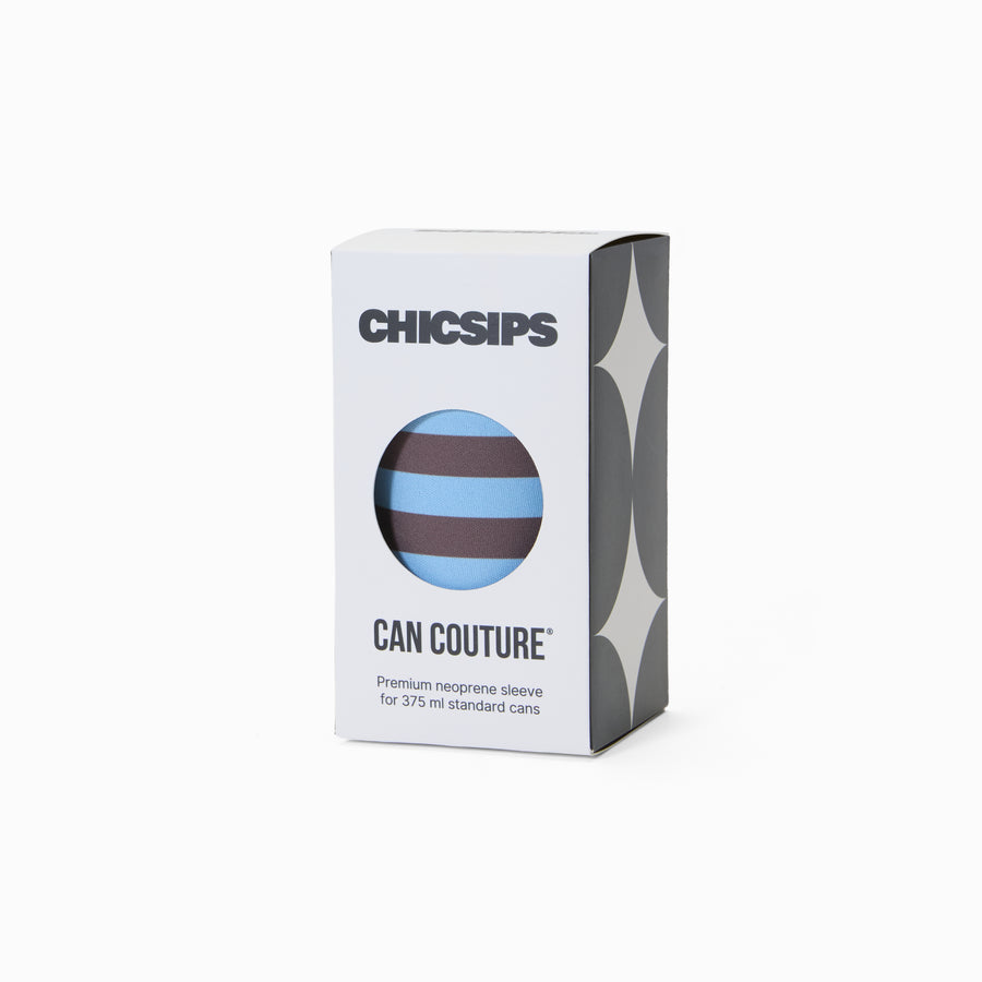 Can Couture packaging box with circular window showing blue and chocolate stripe print neoprene can sleeve