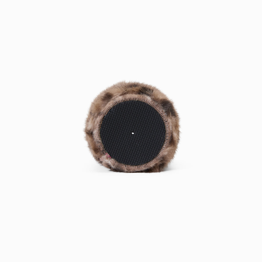 Leopard print faux fur can sleeve base with non-slip textured grip and overlocked edge