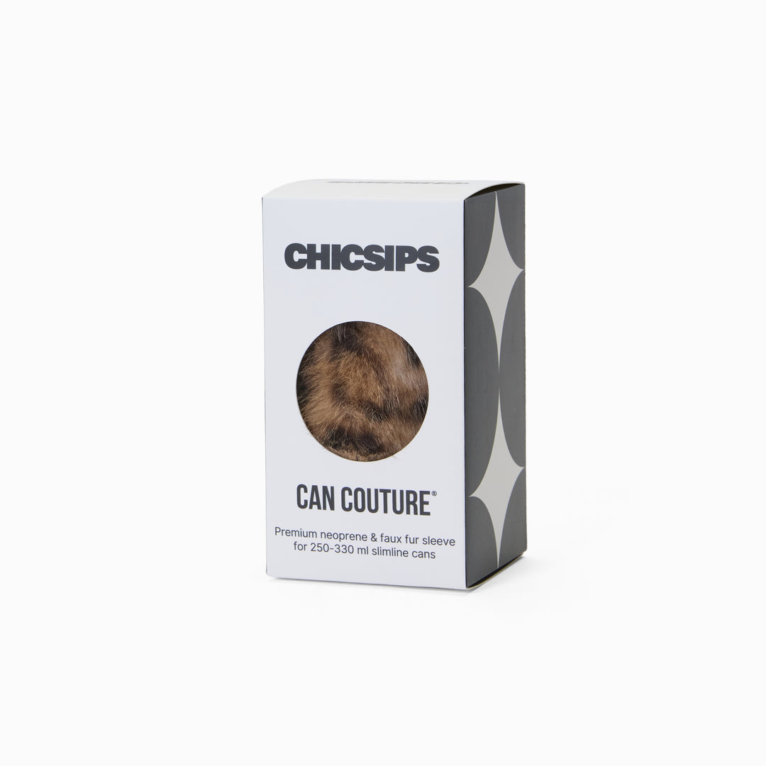 Can Couture packaging box with circular window showing leopard print faux fur can sleeve 