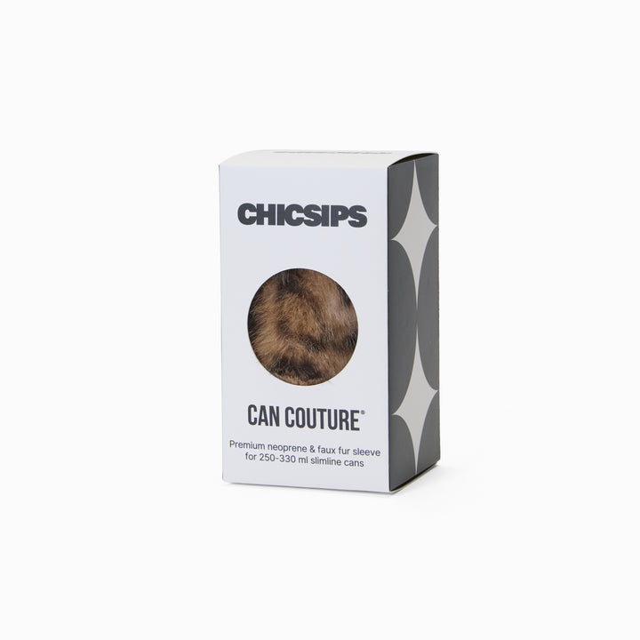 Can Couture packaging box with circular window showing leopard print faux fur can sleeve 