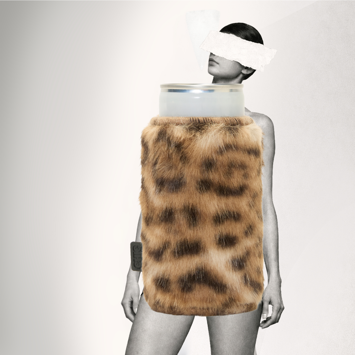 Black and white image of model styled with leopard print faux fur can sleeve