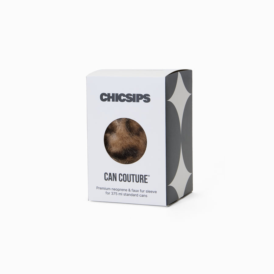 Can Couture packaging box with circular window showing leopard print faux fur can sleeve 