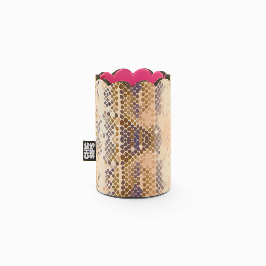 Python print can sleeve with scalloped edge and pink lining