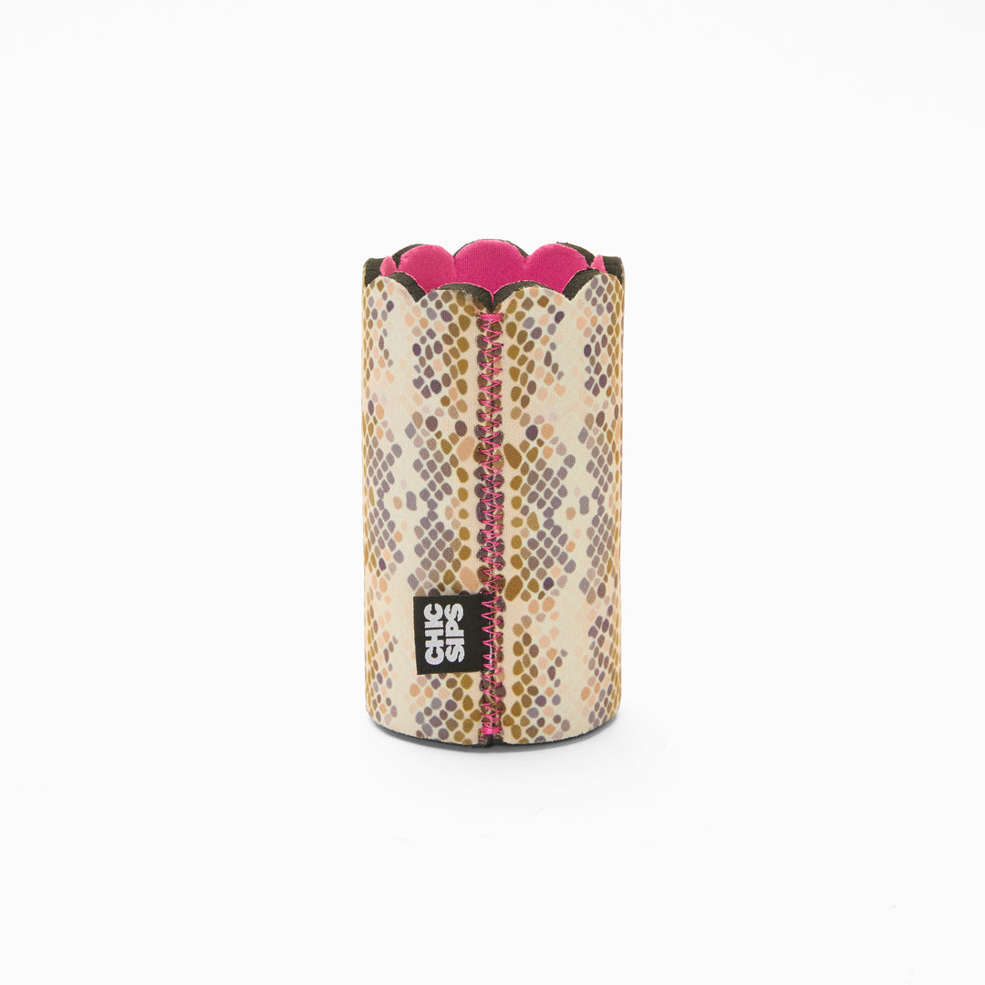 Python print can sleeve with scalloped edge, pink lining and pink zigzag seam