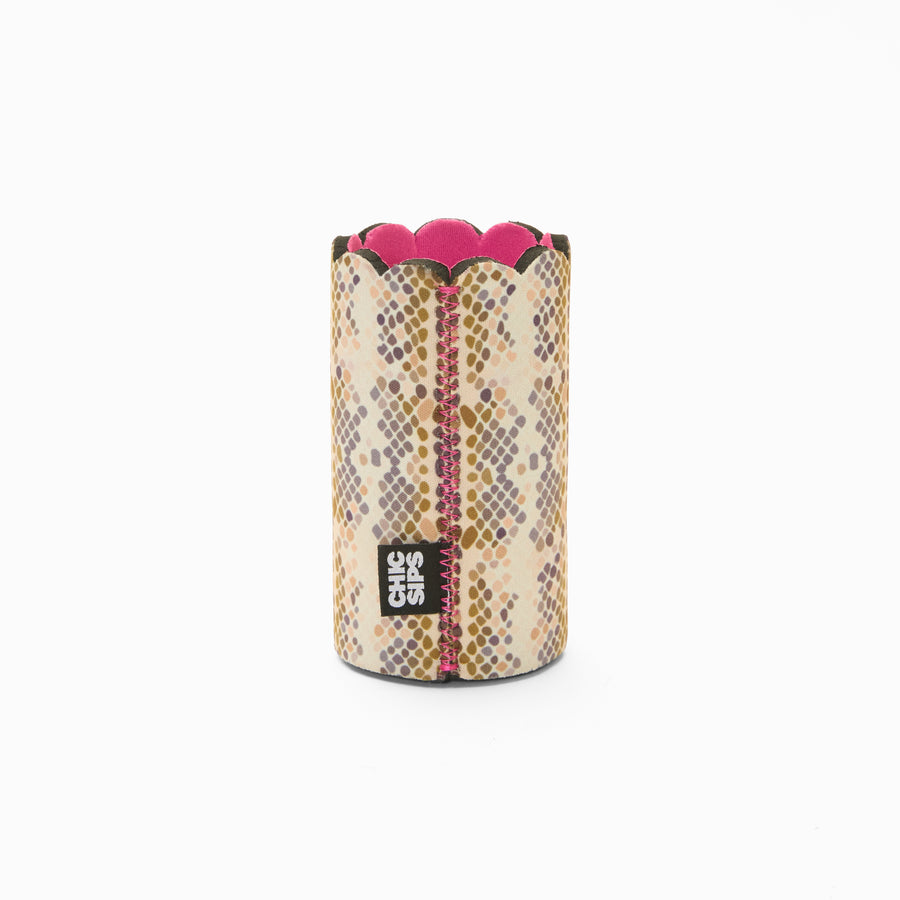 Python print can sleeve with scalloped edge, pink lining and pink zigzag seam