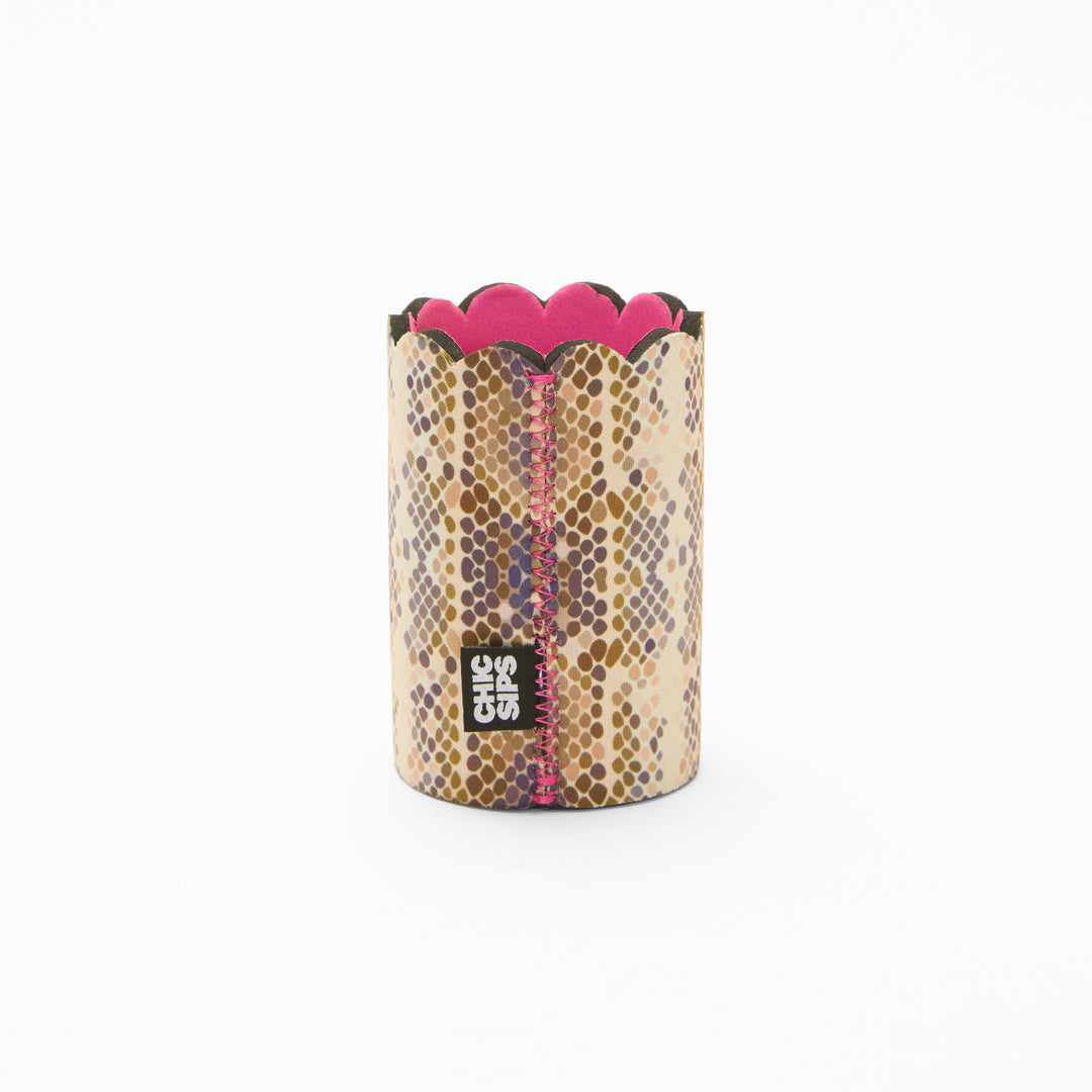 Python print can sleeve with scalloped edge, pink lining and pink zigzag seam