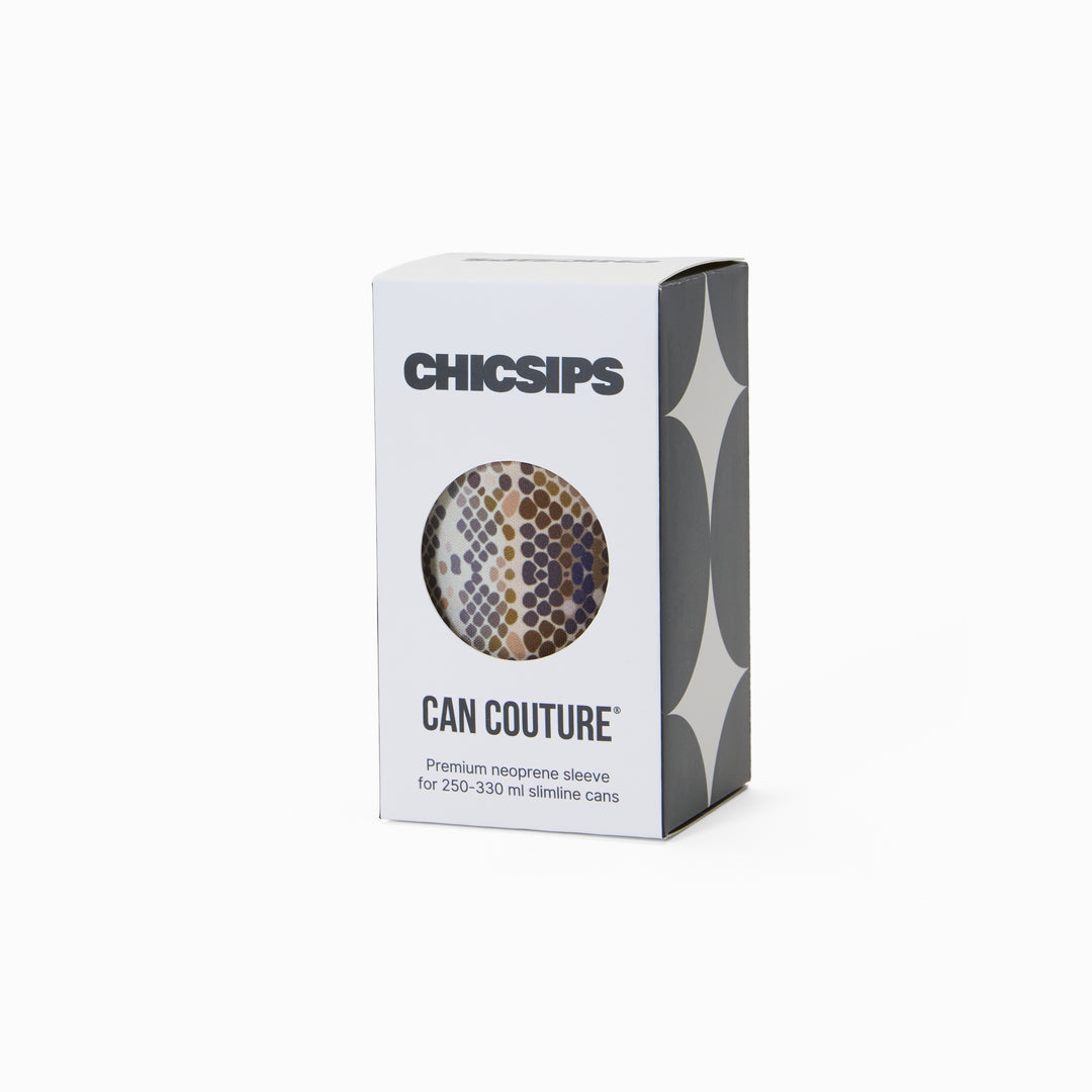 Can Couture packaging box with circular window showing python print neoprene can sleeve