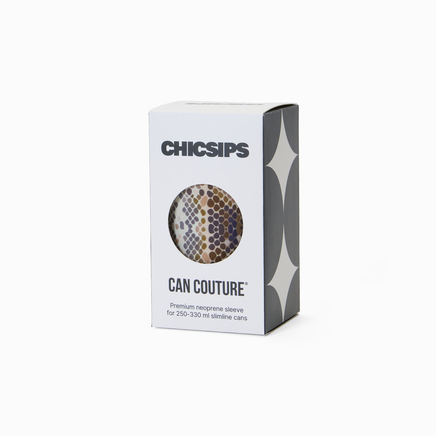 Can Couture packaging box with circular window showing python print neoprene can sleeve