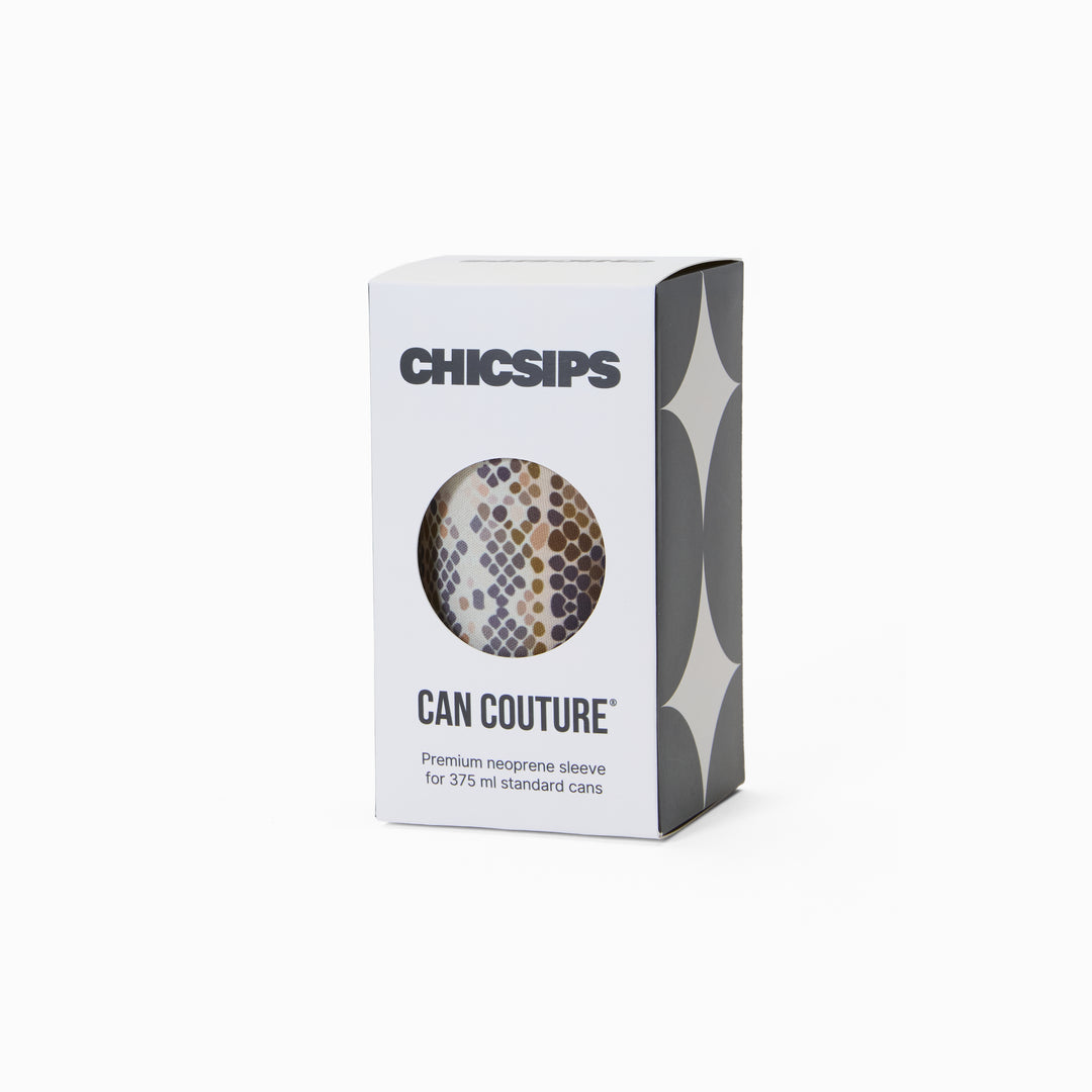 Can Couture packaging box with circular window showing python print neoprene can sleeve