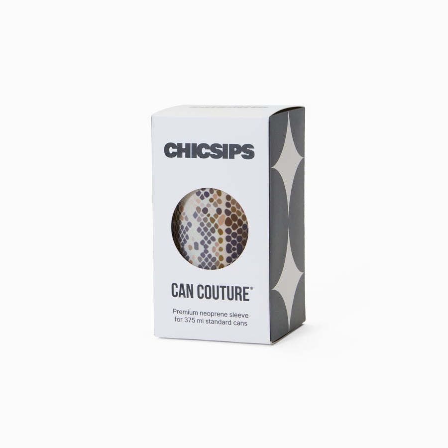 Can Couture packaging box with circular window showing python print neoprene can sleeve