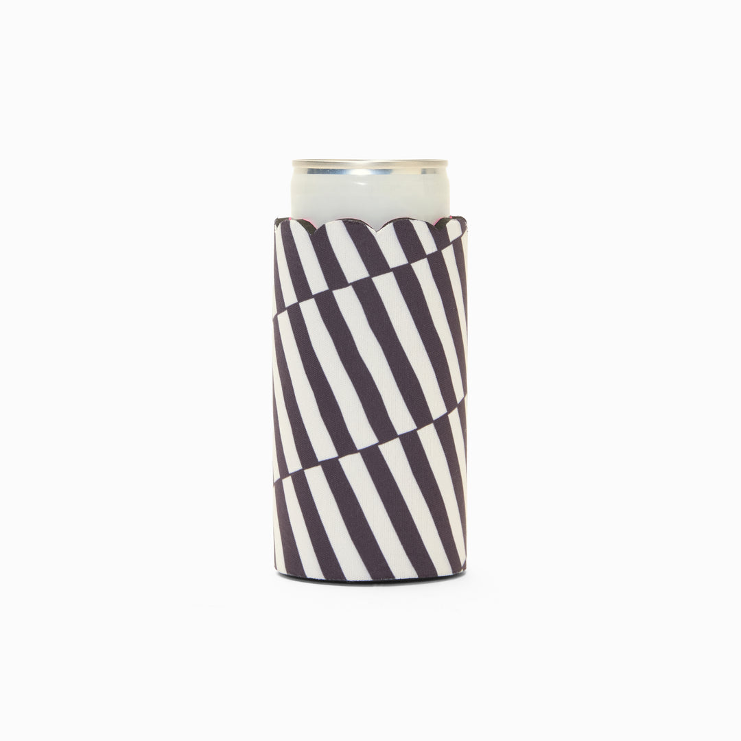 Black and white stripe print can sleeve with scalloped edge, holding a can