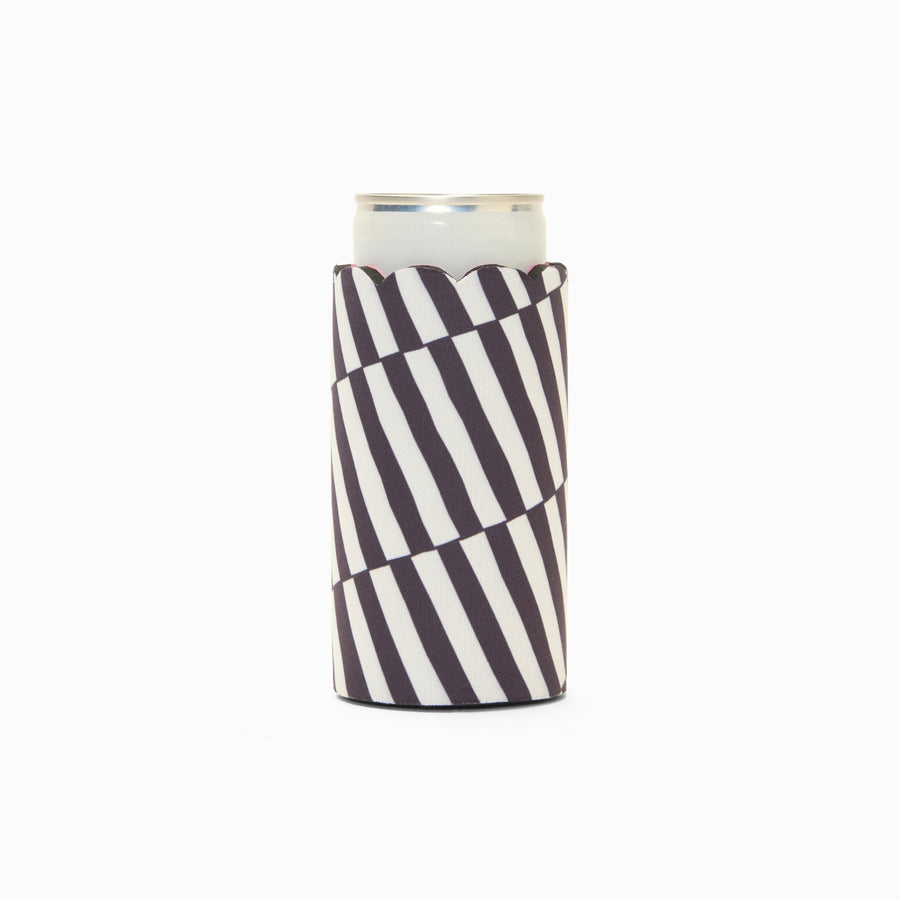 Black and white stripe print can sleeve with scalloped edge, holding a can