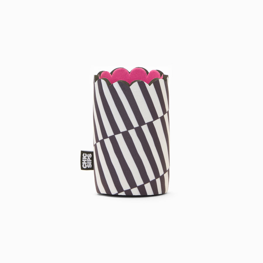Black and white stripe print can sleeve with scalloped edge and pink lining