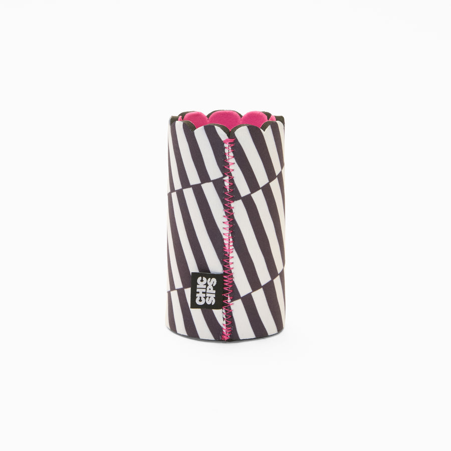 Black and white stripe print can sleeve with scalloped edge, pink lining and pink zigzag seam