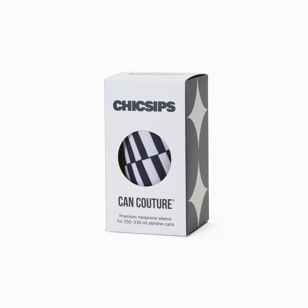 Can Couture packaging box with circular window showing black and white stripe print neoprene can sleeve