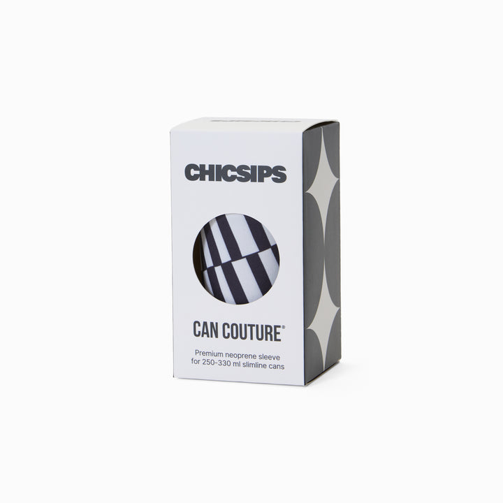 Can Couture packaging box with circular window showing black and white stripe print neoprene can sleeve