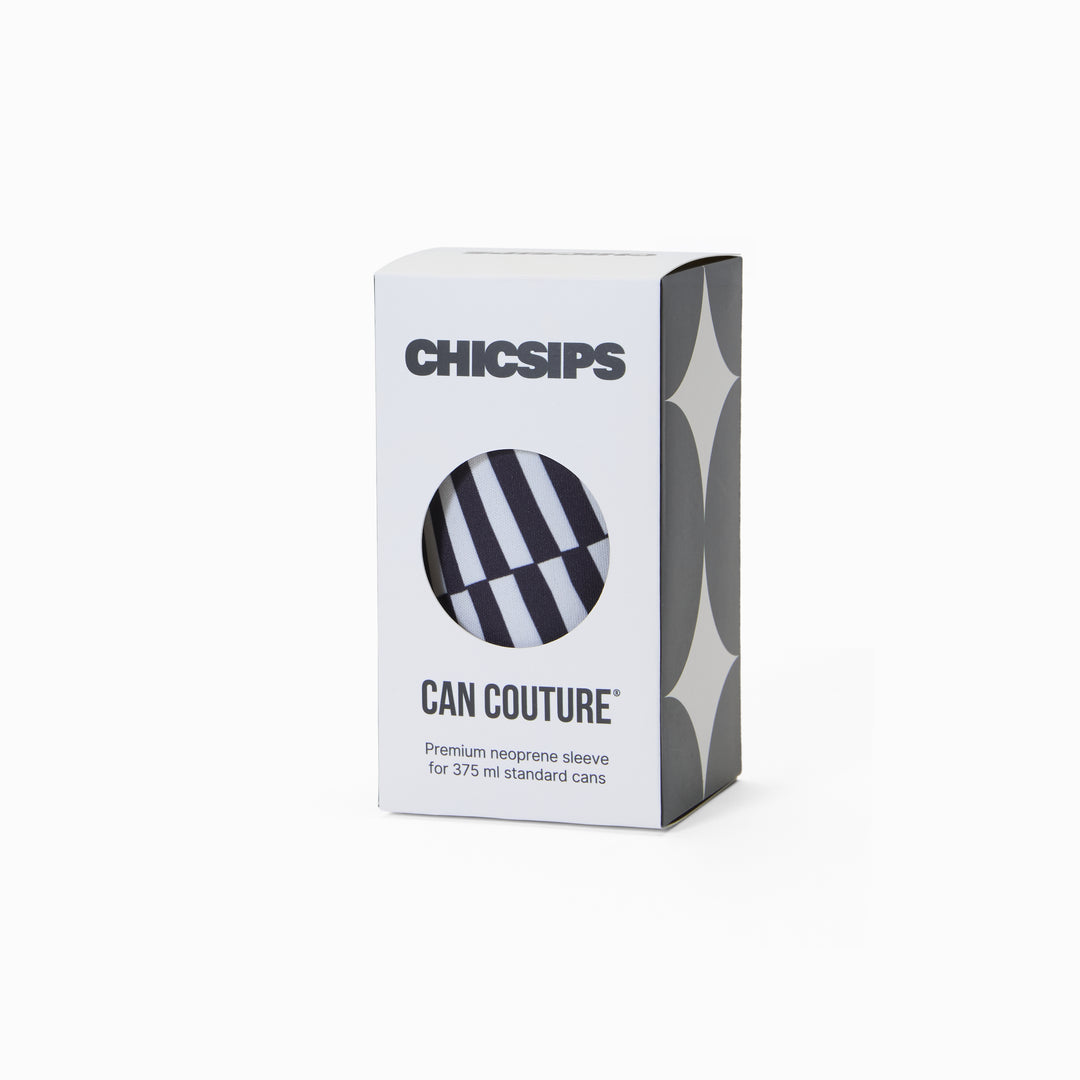 Can Couture packaging box with circular window showing black and white stripe print neoprene can sleeve