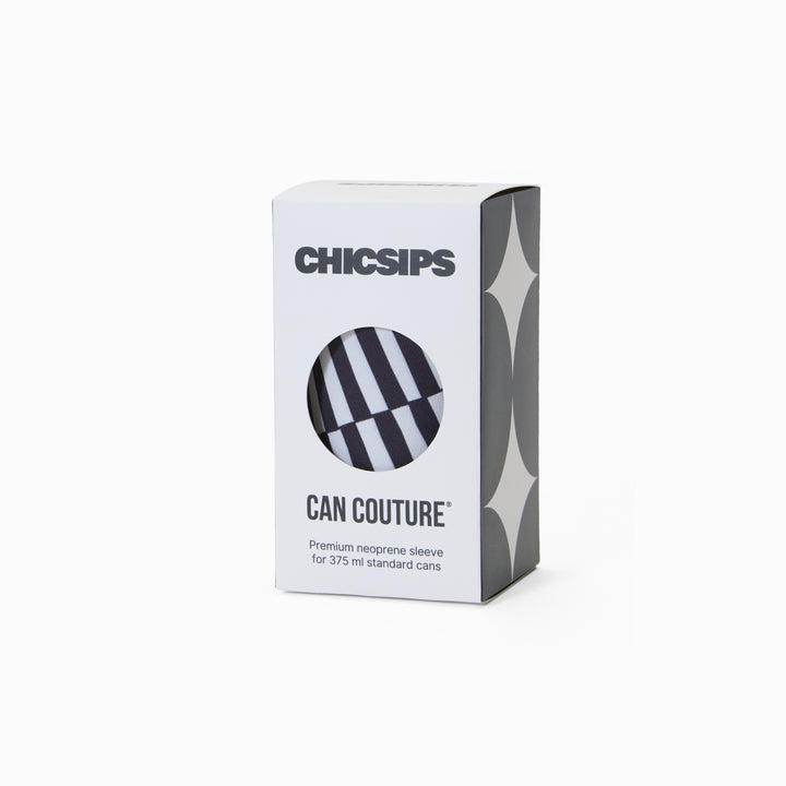 Can Couture packaging box with circular window showing black and white stripe print neoprene can sleeve