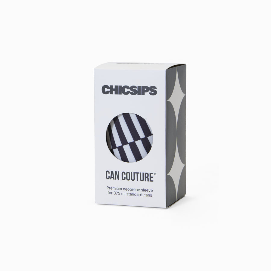 Can Couture packaging box with circular window showing black and white stripe print neoprene can sleeve