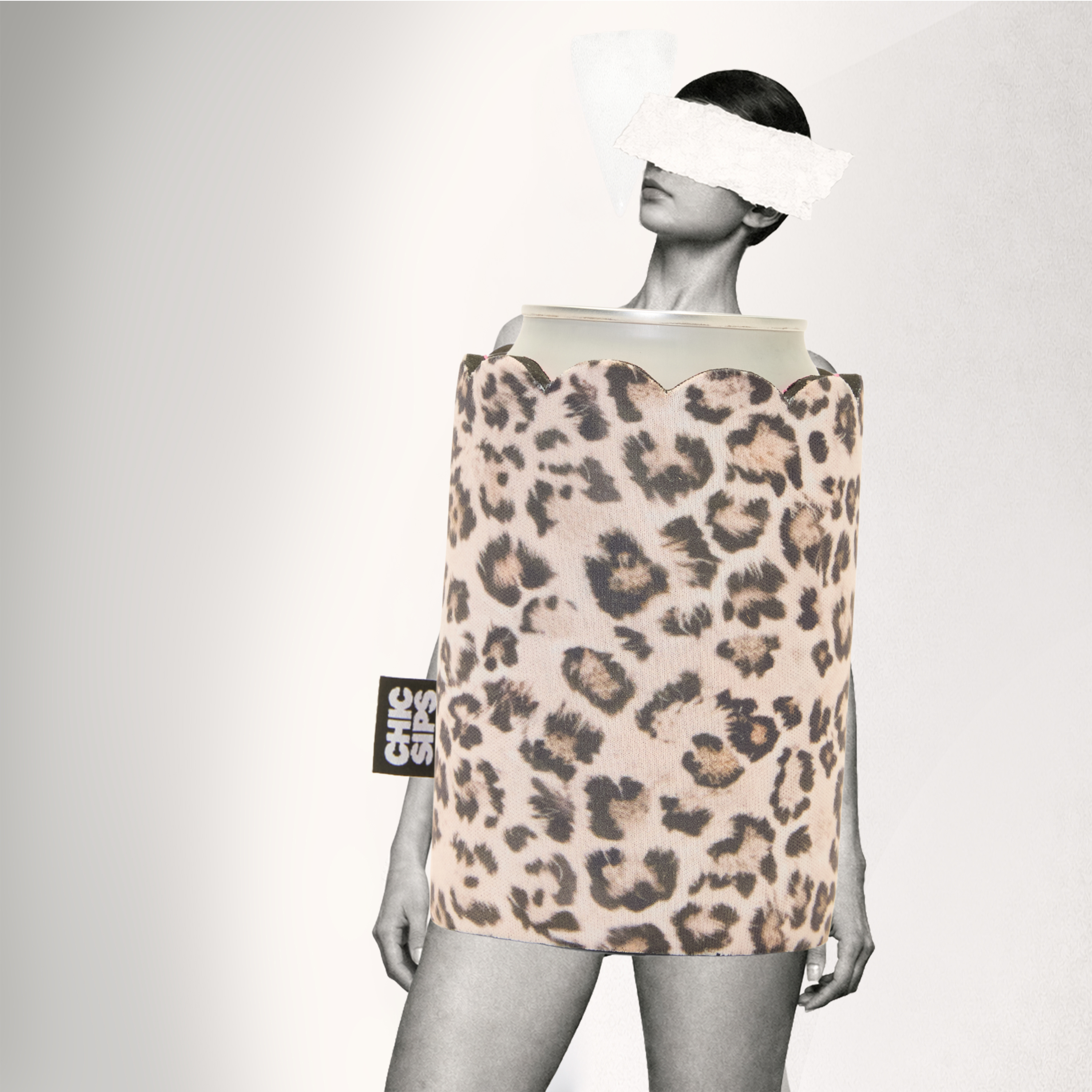 Black and white image of model styled with leopard print can sleeve