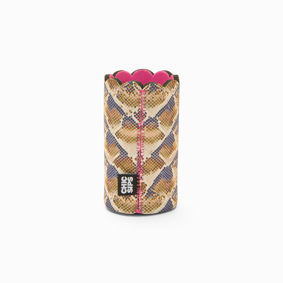 Snake print can sleeve with scalloped edge, pink lining and pink zigzag seam
