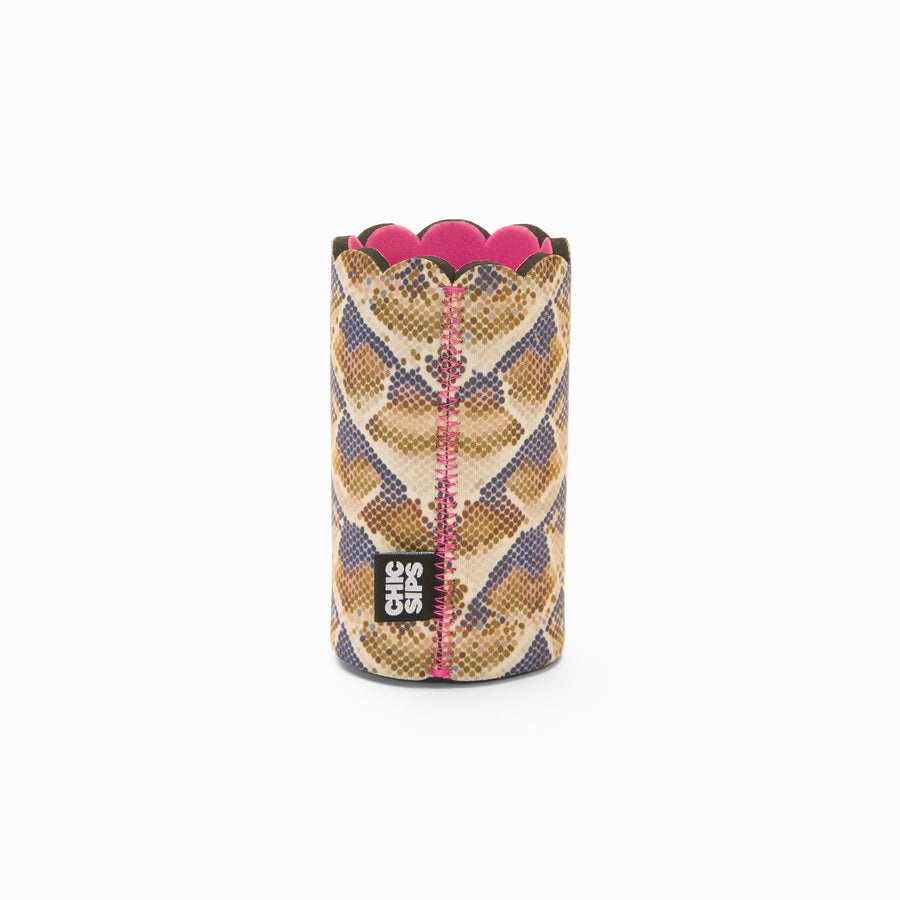 Snake print can sleeve with scalloped edge, pink lining and pink zigzag seam