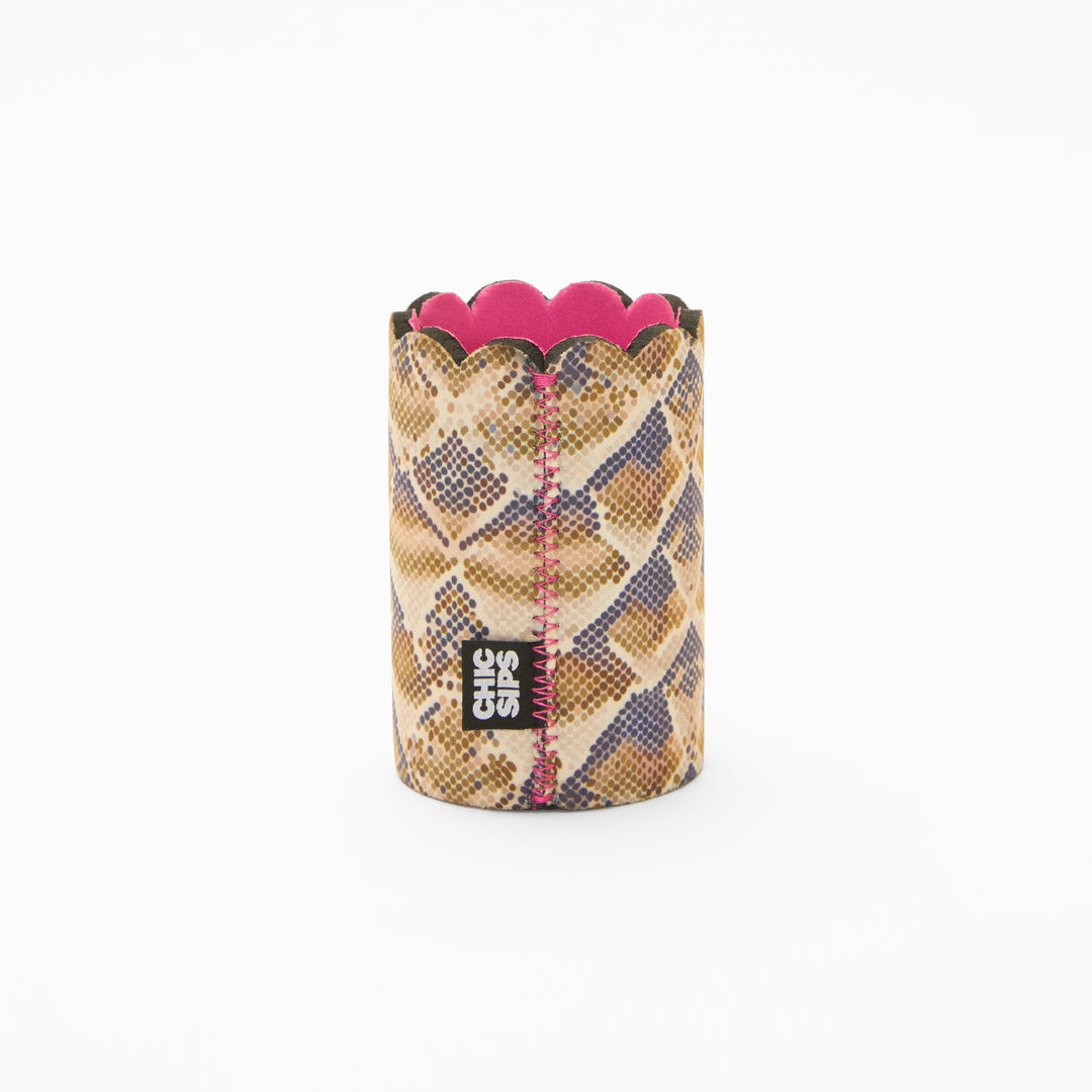 Snake print can sleeve with scalloped edge, pink lining and pink zigzag seam