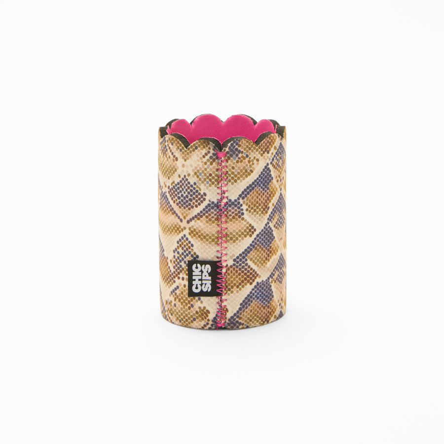 Snake print can sleeve with scalloped edge, pink lining and pink zigzag seam