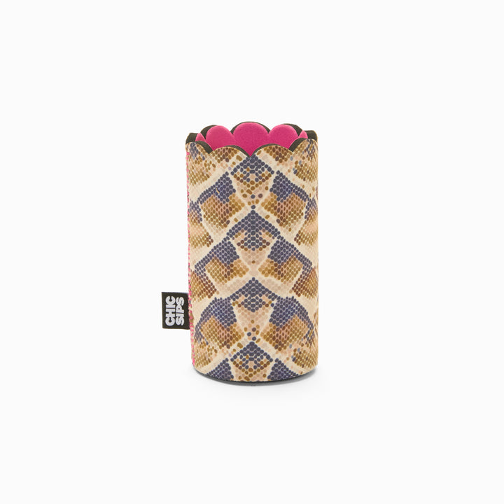 Snake print can sleeve with scalloped edge and pink lining