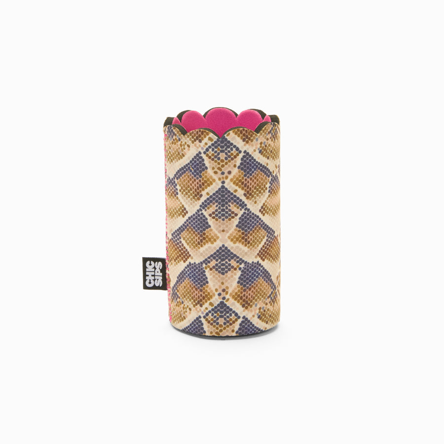 Snake print can sleeve with scalloped edge and pink lining