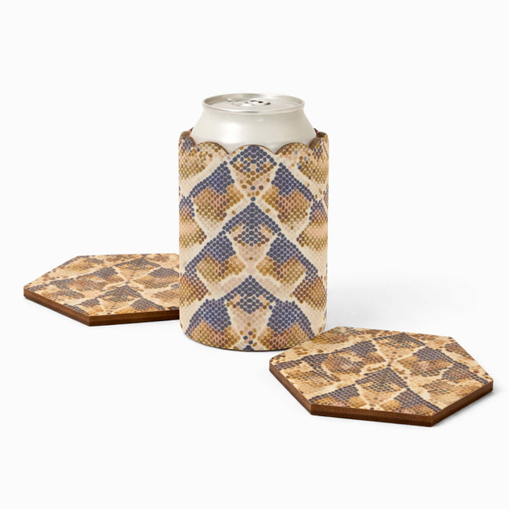 Snake print can sleeve with beverage can and two matching hexagonal coasters 