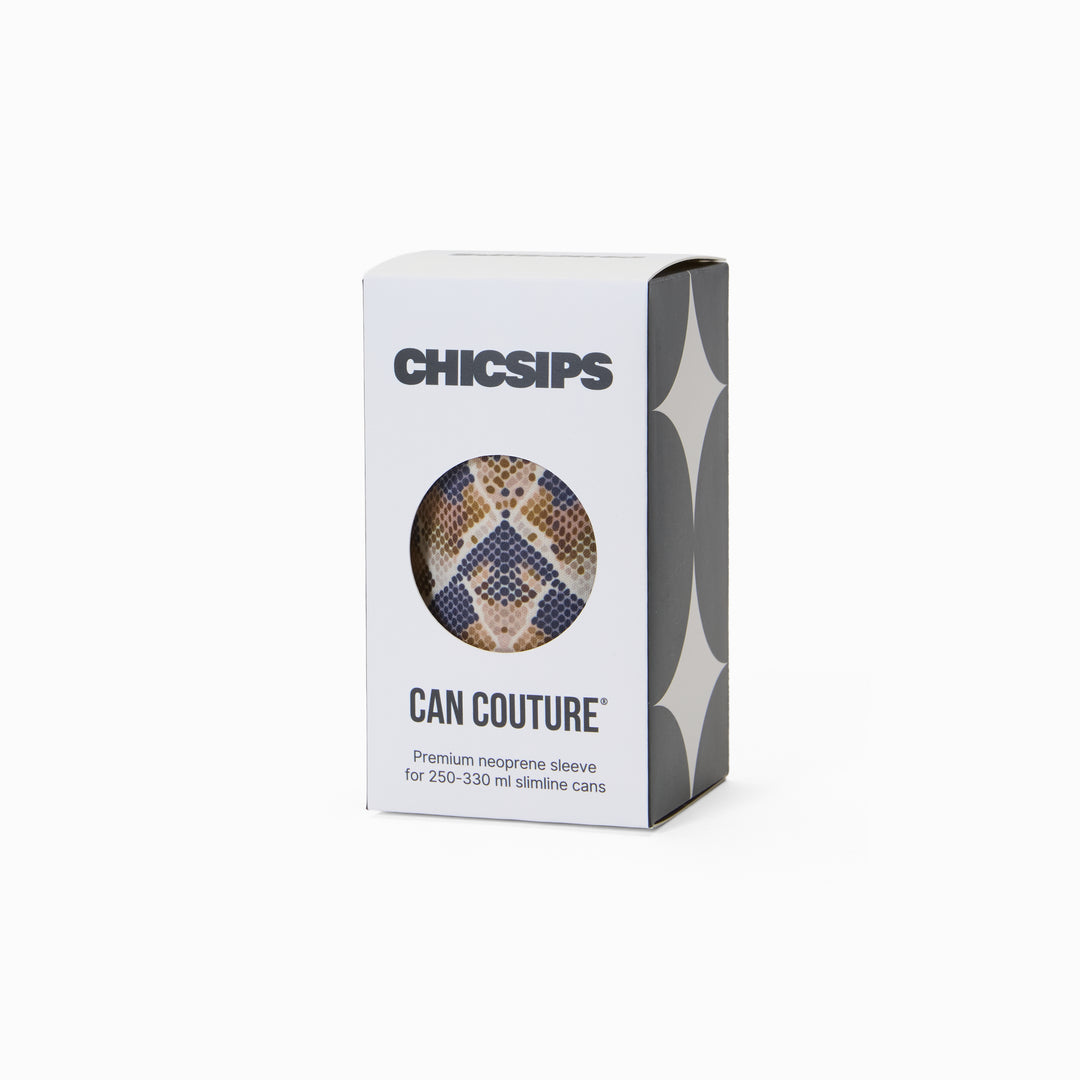 Can Couture packaging box with circular window showing snake print neoprene can sleeve