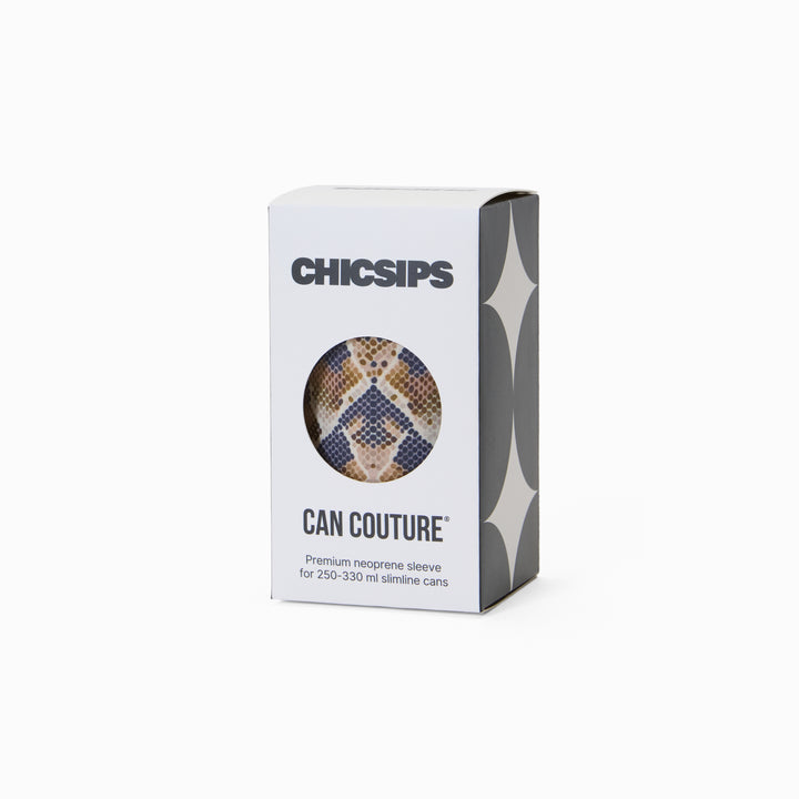 Can Couture packaging box with circular window showing snake print neoprene can sleeve
