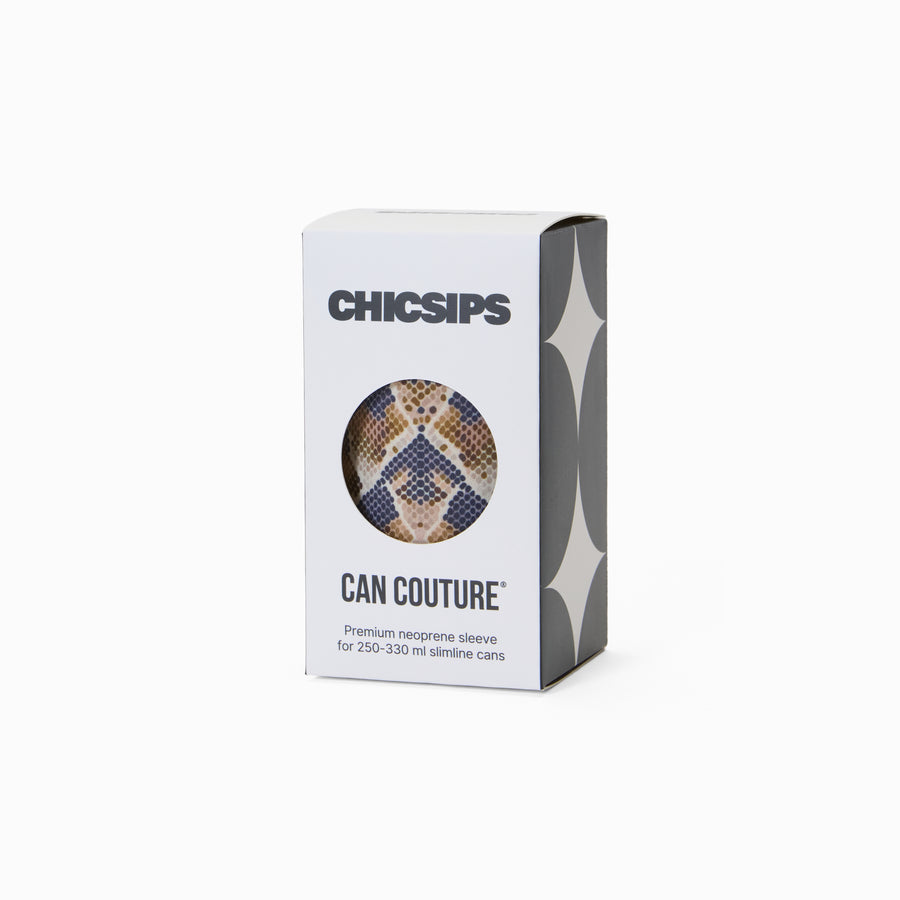 Can Couture packaging box with circular window showing snake print neoprene can sleeve