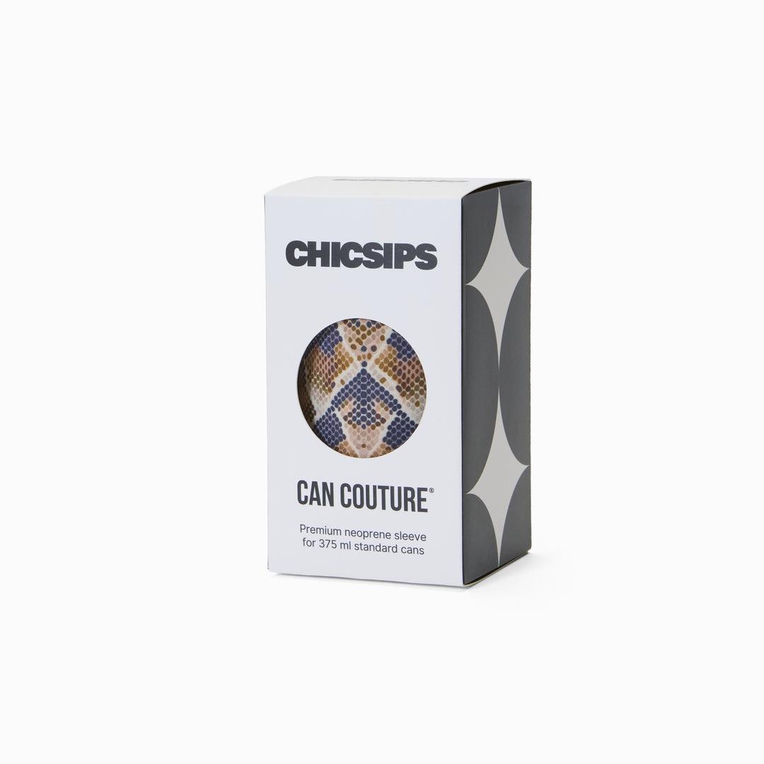 Can Couture packaging box with circular window showing snake print neoprene can sleeve