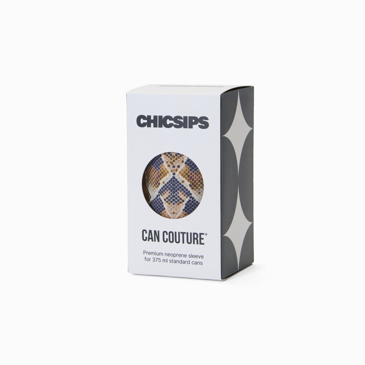 Can Couture packaging box with circular window showing snake print neoprene can sleeve