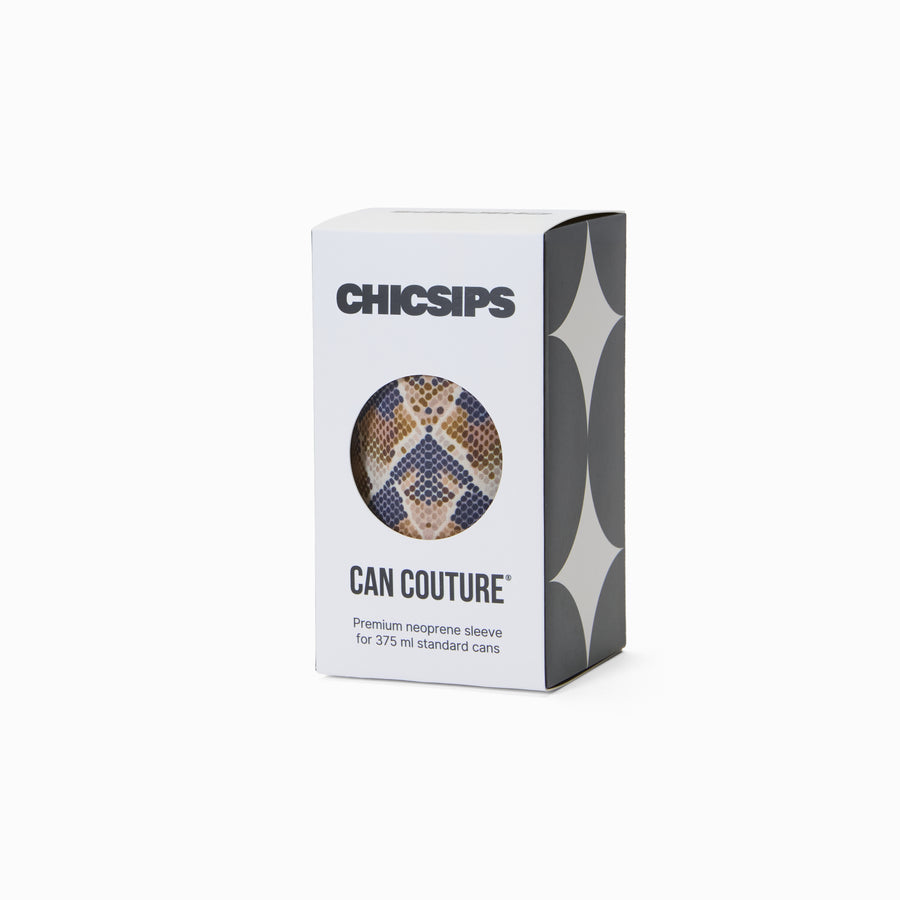 Can Couture packaging box with circular window showing snake print neoprene can sleeve