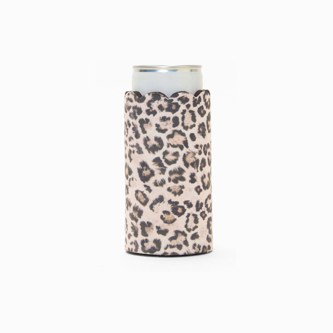 Leopard print can sleeve with scalloped edge, holding a can