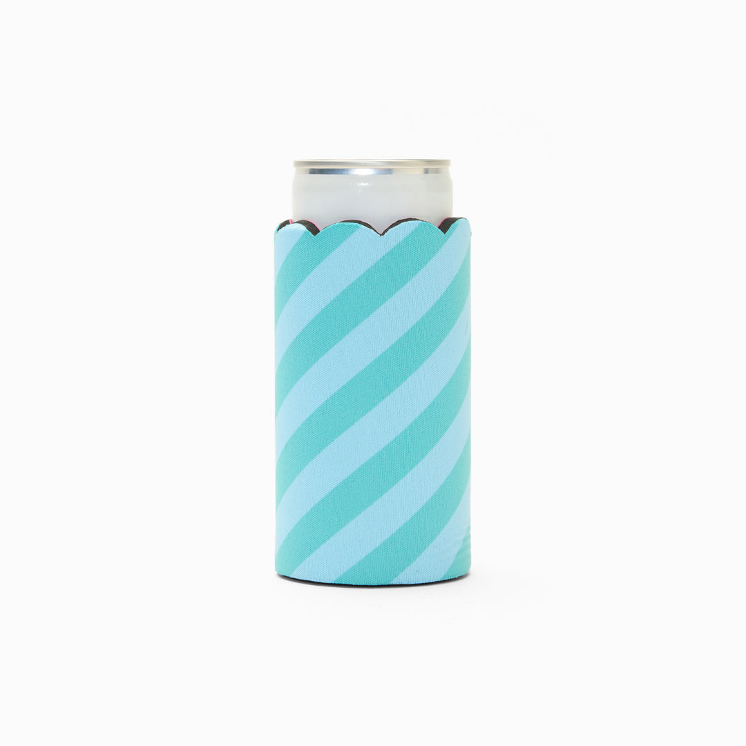 Blue and green stripe print can sleeve with scalloped edge, holding a can