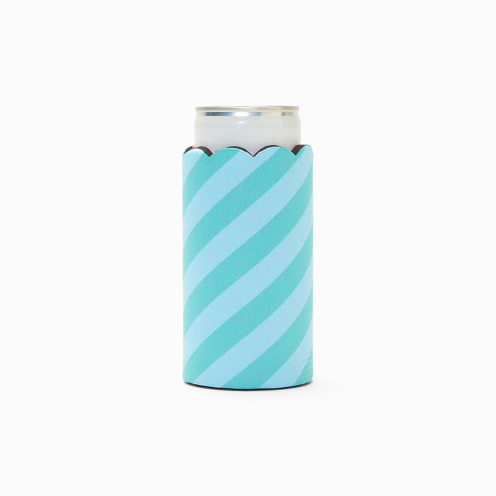 Blue and green stripe print can sleeve with scalloped edge, holding a can