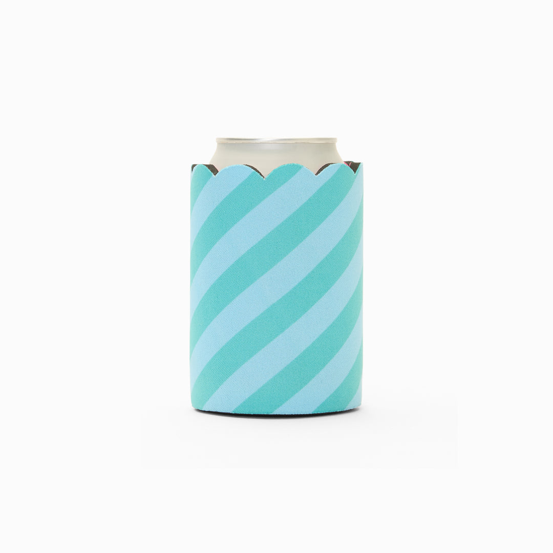 Blue and green stripe print can sleeve with scalloped edge, holding a can