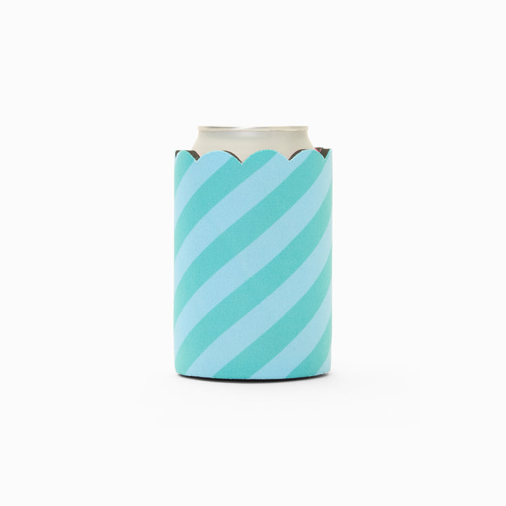 Blue and green stripe print can sleeve with scalloped edge, holding a can