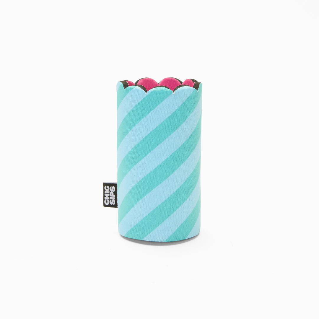 Blue and green stripe print can sleeve with scalloped edge and pink lining